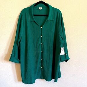 NWT Late August woman button down blouse top 3X green gold elegant gauze stretch